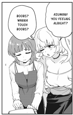 A screenshot of "Asumi-chan is interested in lesbian brothels" with two girls, one looking rather sad and another touching her boobs. The second girl says: "Asumin! You feeling alright? Boobs? Wanna touch boobs?"