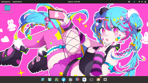 A desktop screenshot of the Pop_OS! with a picture of Hastune Miku as the background