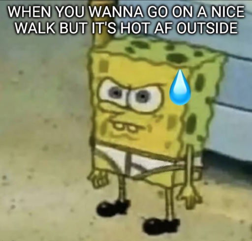 Alt: Image of SpongeBob standing angrily with sweat with the text "WHEN YOU WANNA GO ON A NICE WALK BUT IT'S HOT AF OUTSIDE"