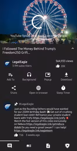 A screenshot of a Legal Eagle YouTube video as shown in the Android app PipePipe, which is failing to continue with playback due to an error message, "YouTube forces us to wait two seconds before continuing playback."